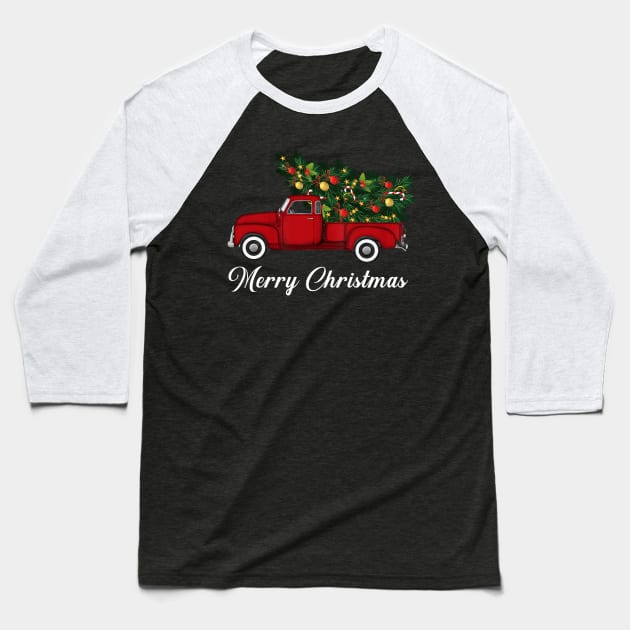 Merry Christmas Retro Vintage Red Truck Baseball T-Shirt by Kimko